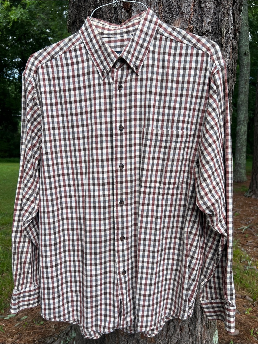 Izod Burgundy Brown and Cream Plaid Button-Down Shirt